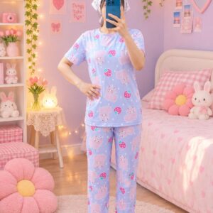 ست تیشرت و شلوار زنانه نخ پنبه آبی یاسی طرح ببه‌ای و توت‌فرنگی